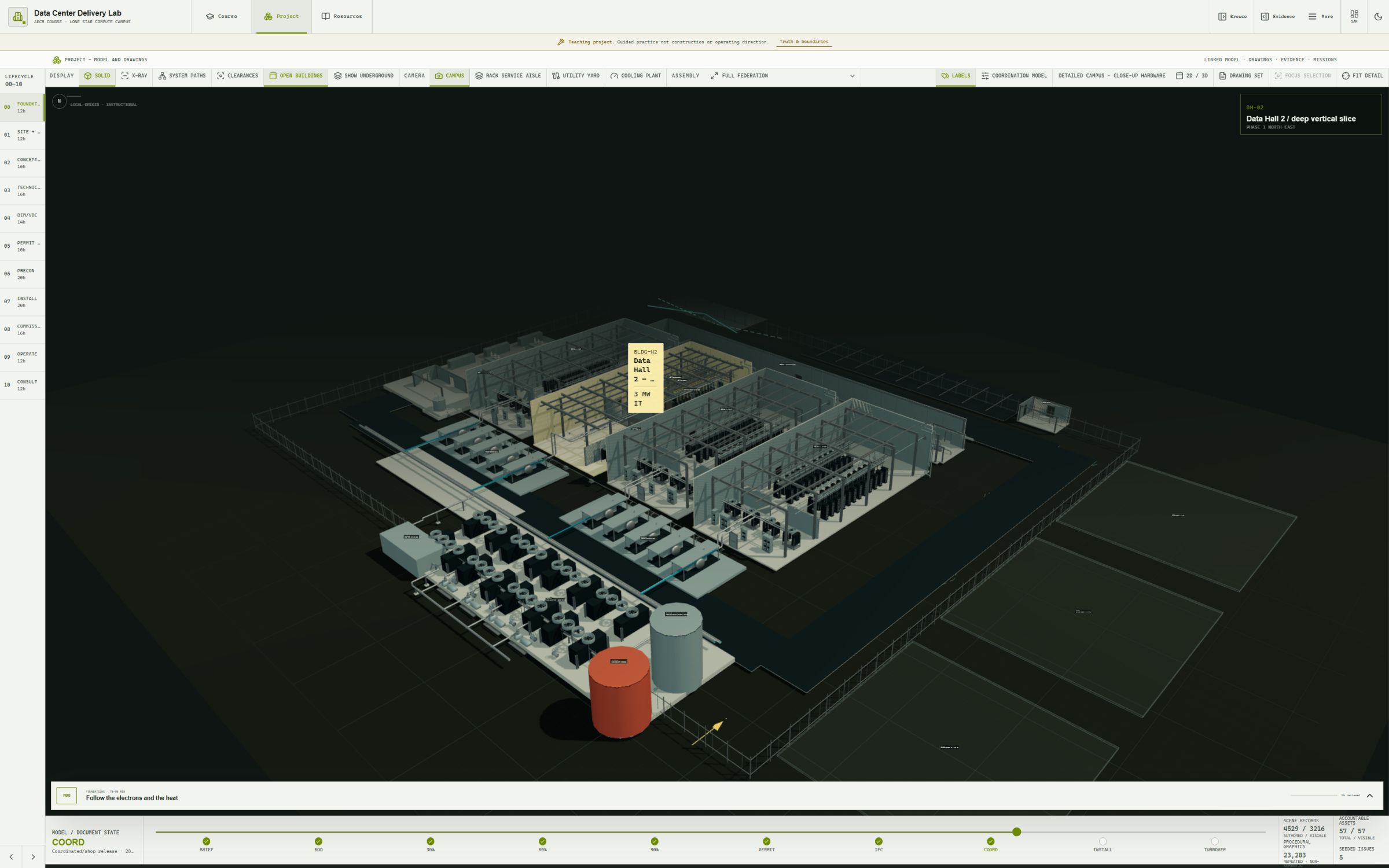 Data Center Delivery Lab full teaching campus with four data halls, cooling plant, utility systems, and coordinated model detail